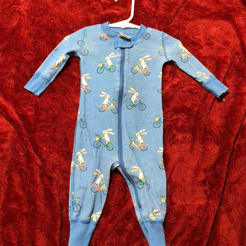 Hanna Andersson zip up bunny on a bike pajamas
